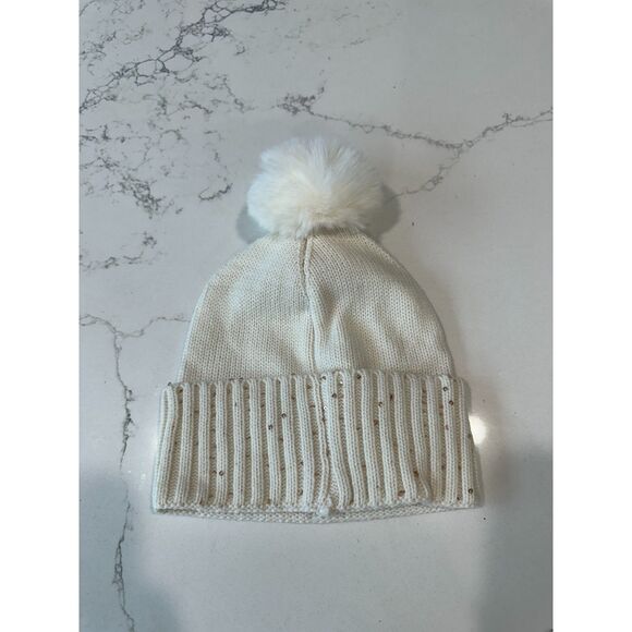 Anne Klein White Sequin Faux Fur Pom Beanie Hat - Picture 1 of 4